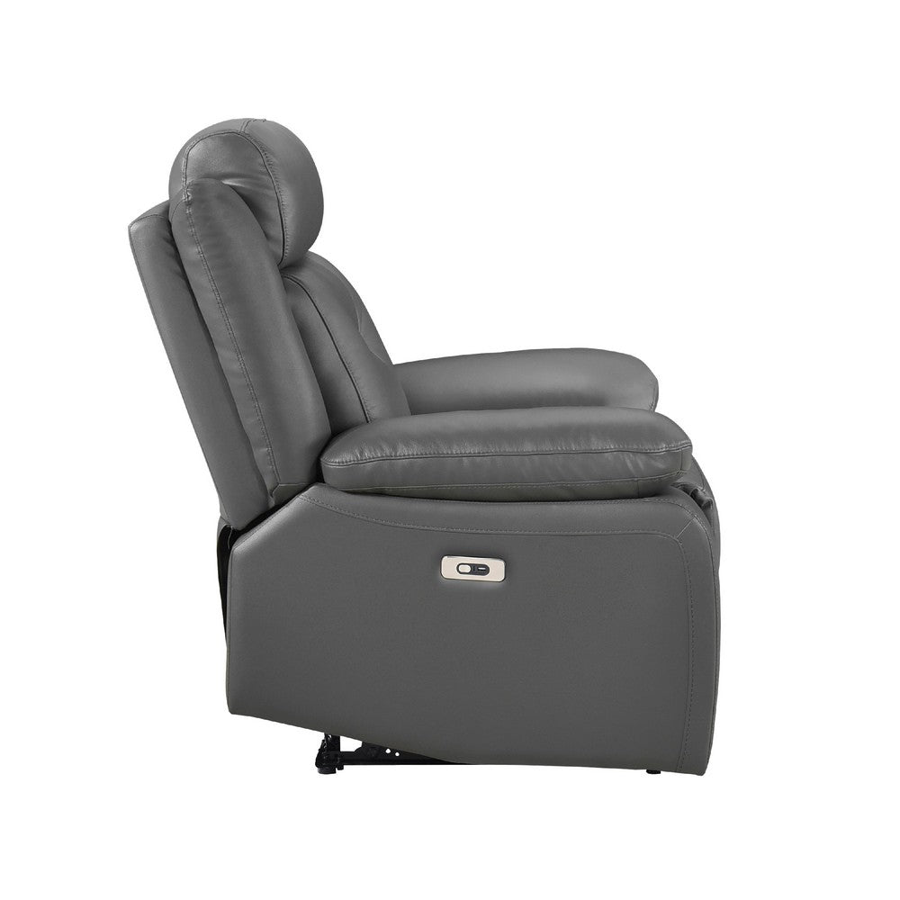 Benjara Conia Power Reclining Chair, Dark Gray Top Grain Leather, USB Port