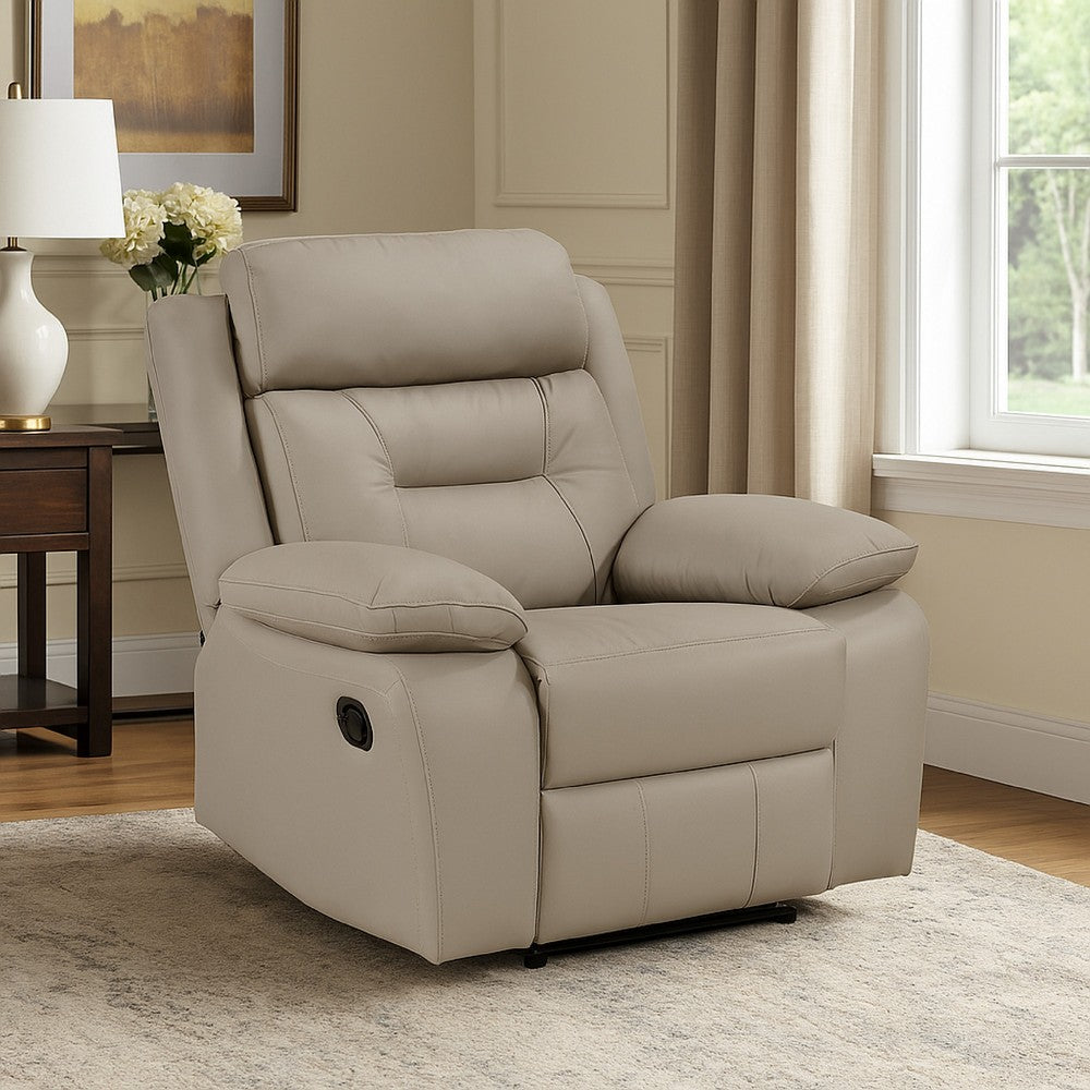 Benjara Conia Manual Reclining Chair, Latte Beige Top Grain Leather Cushions