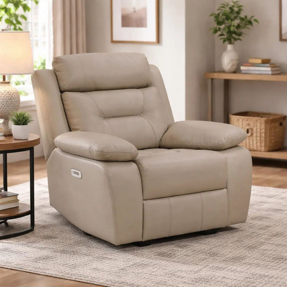 Benjara Conia Power Reclining Chair, Soft Latte Beige Leather, USB Charger
