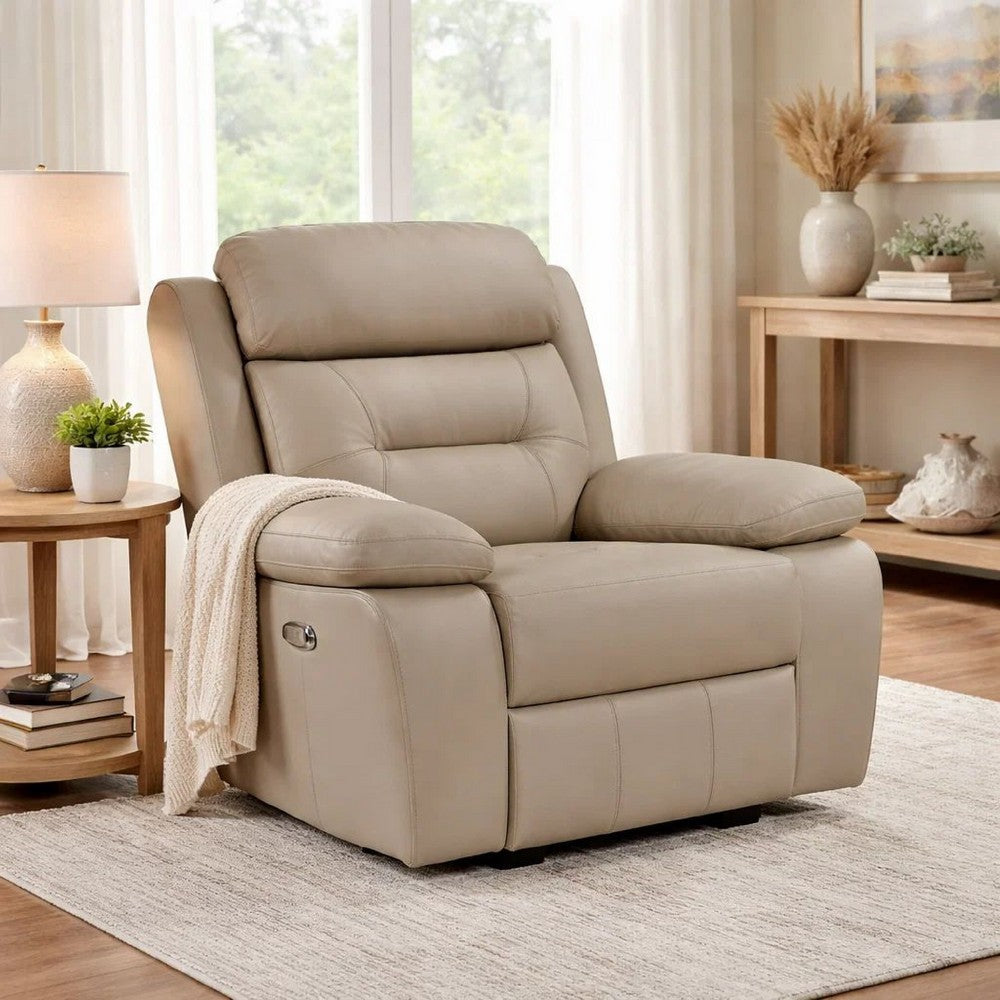 Benjara Conia Power Reclining Chair, Soft Latte Beige Leather, USB Charger