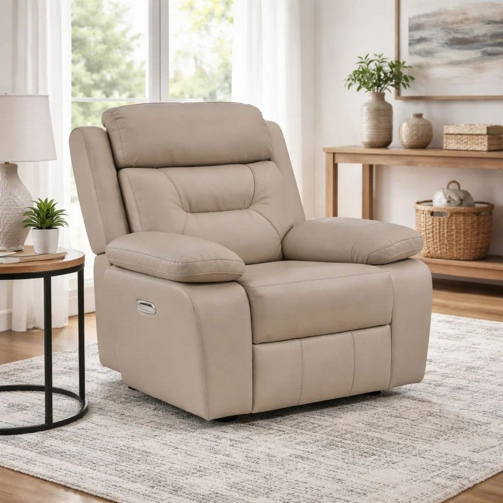 Benjara Conia Power Reclining Chair, Soft Latte Beige Leather, USB Charger