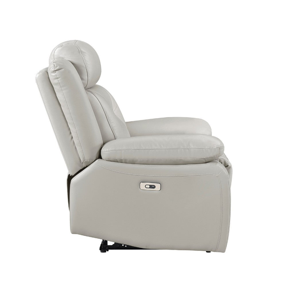 Benjara Conia Power Reclining Chair, Light Gray Silver Leather, USB Port