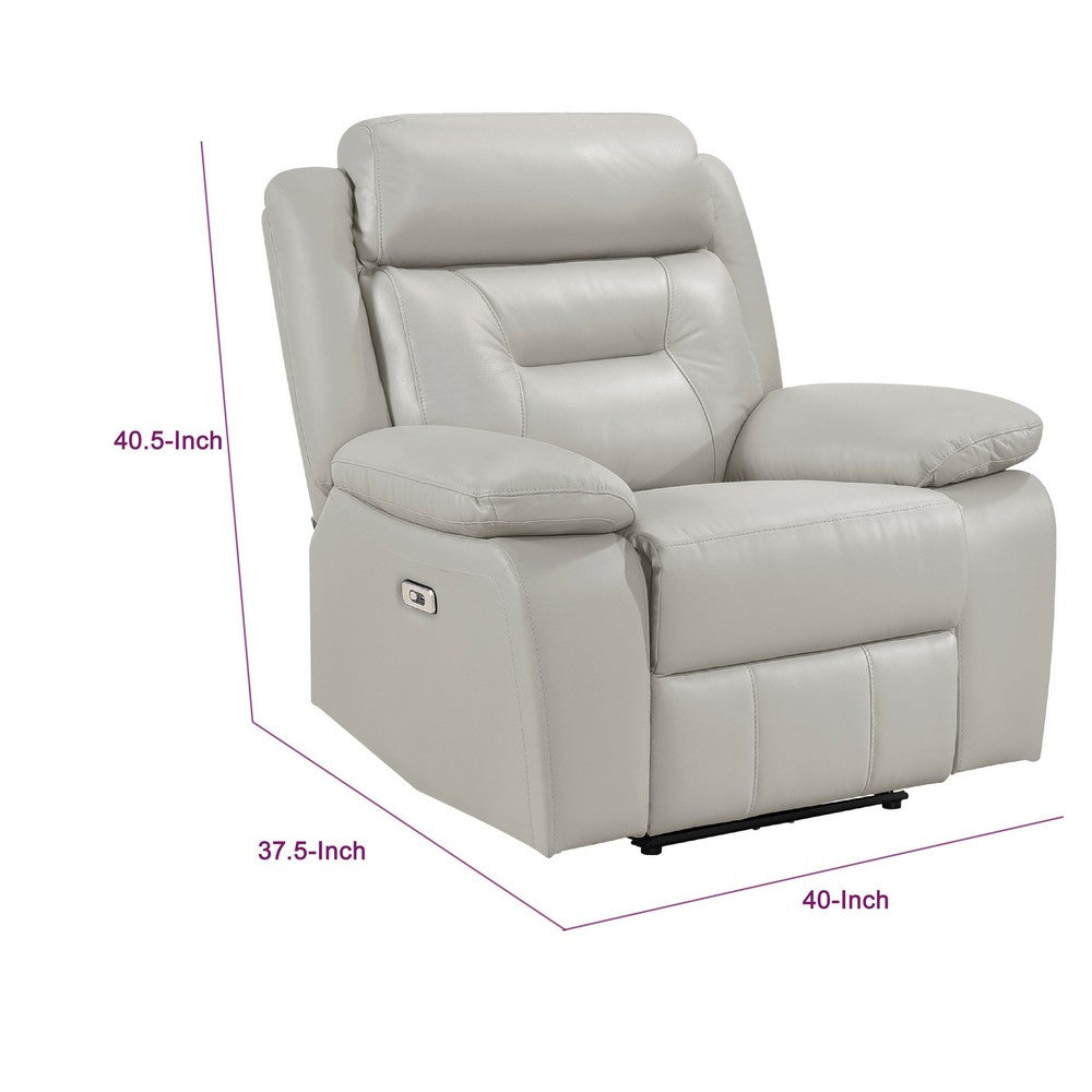 Benjara Conia Power Reclining Chair, Light Gray Silver Leather, USB Port