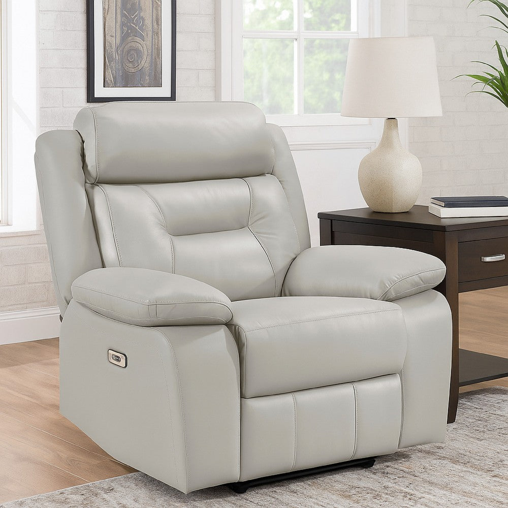 Benjara Conia Power Reclining Chair, Light Gray Silver Leather, USB Port