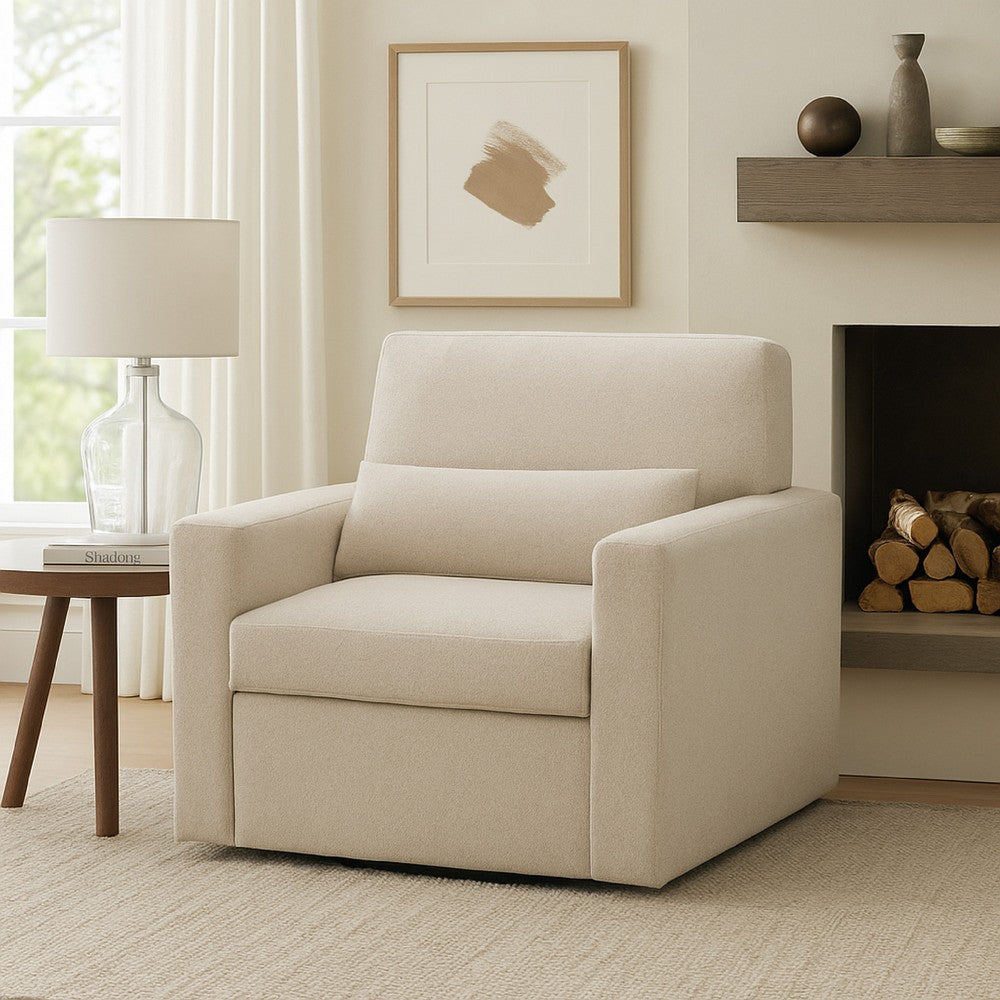 Benjara Ompa Swivel Armchair with Lumbar Pillow, Cream Beige Boucle