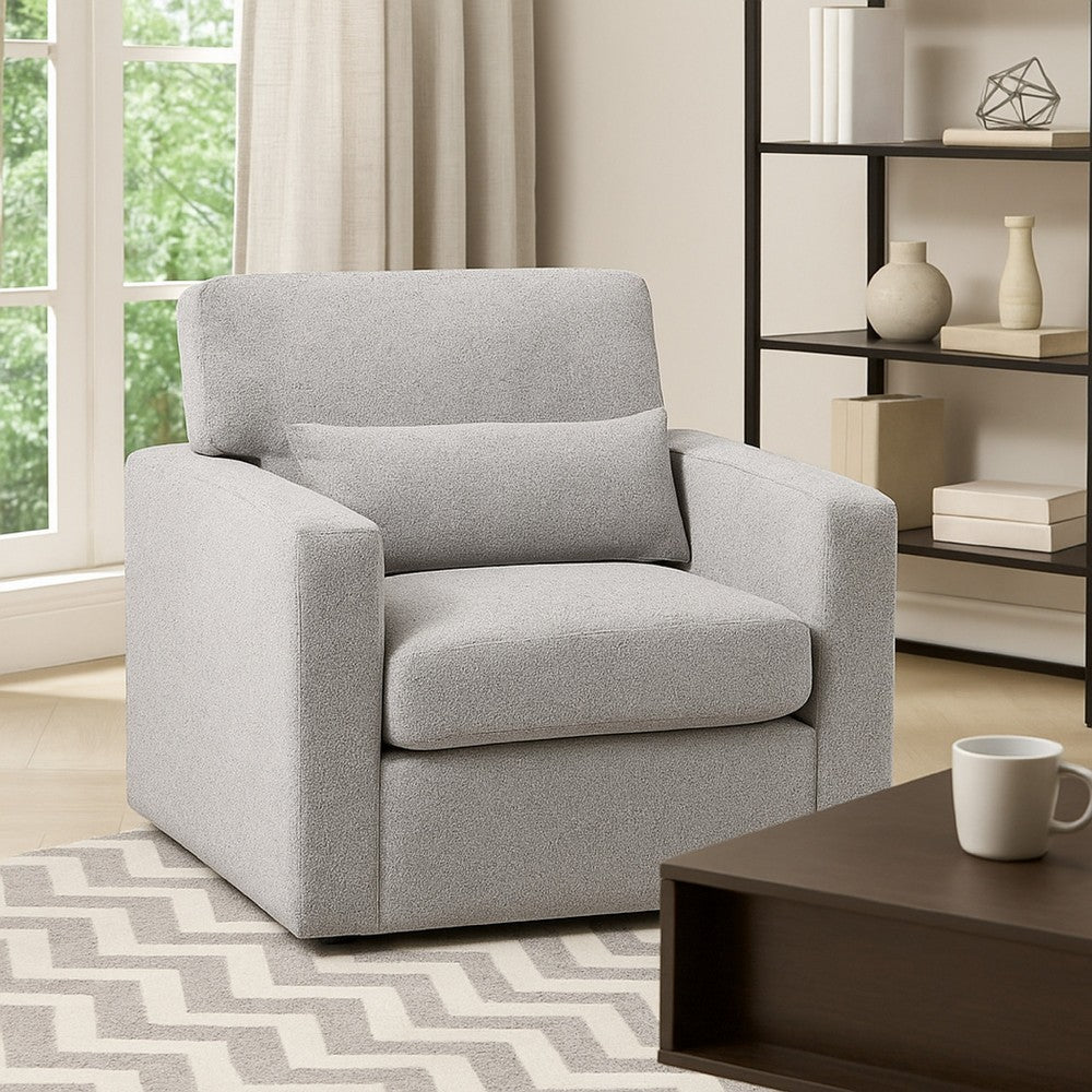Benjara Ompa Swivel Armchair with Lumbar Pillow, Cloud Gray Boucle