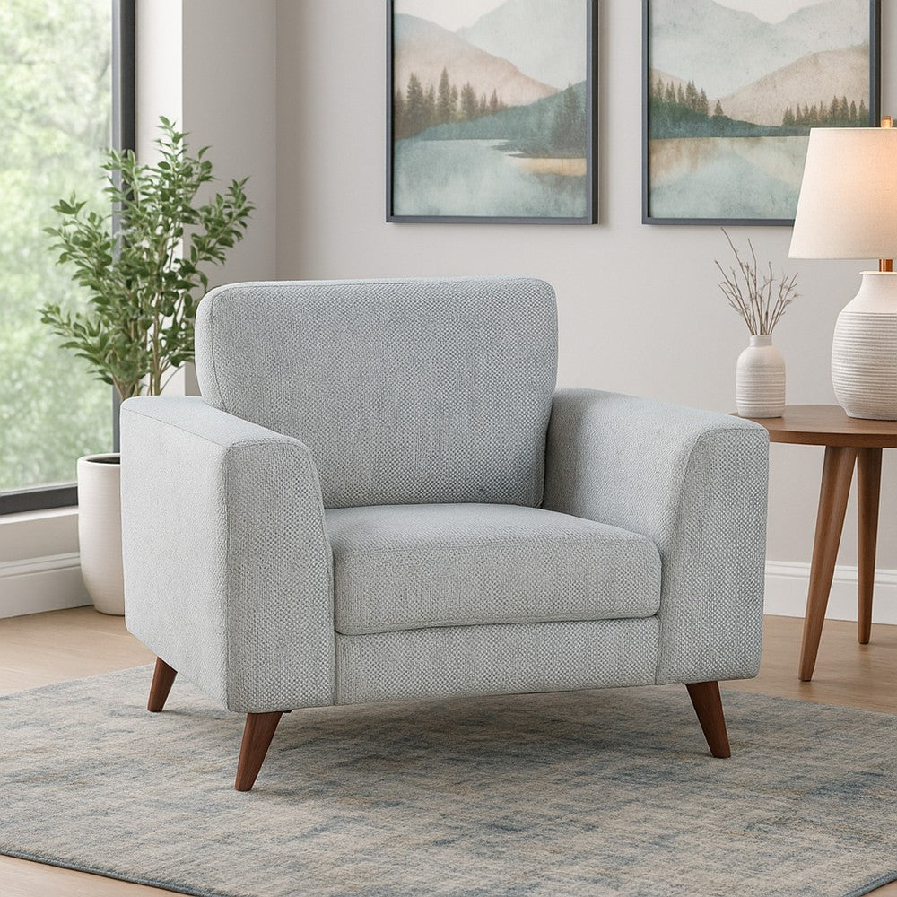 Benjara Ricca Armchair, Blue Gray Chenille, Foam, Angled Brown Wood Legs