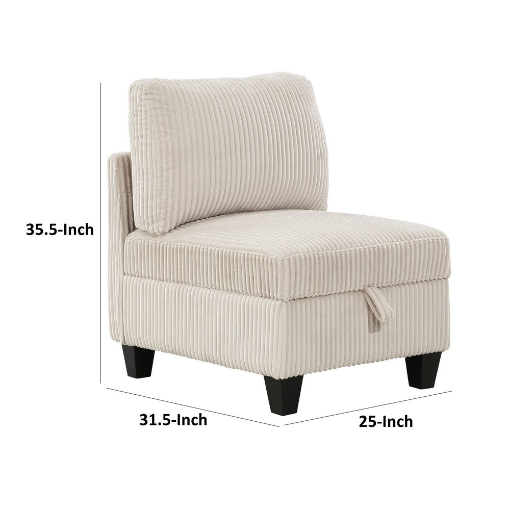 Benjara Ellene Modular Armless Chair With Storage, Soft Beige Corduroy