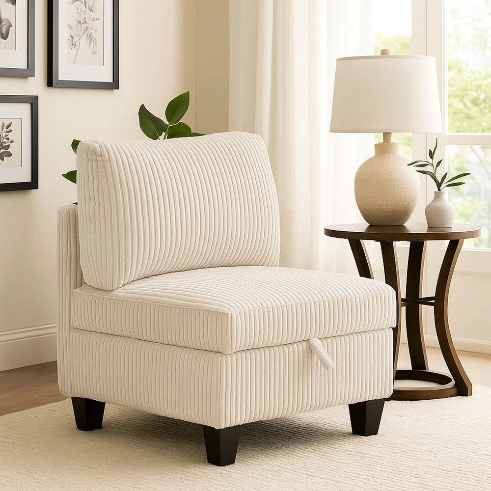 Benjara Ellene Modular Armless Chair With Storage, Soft Beige Corduroy
