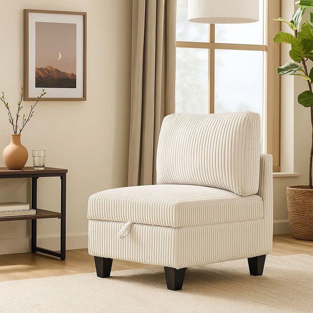Benjara Ellene Modular Armless Chair With Storage, Soft Beige Corduroy