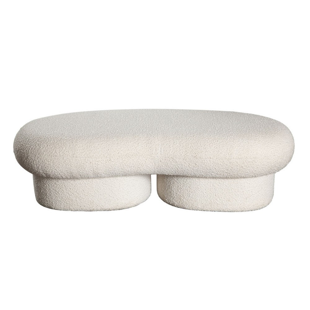Benjara Curved Accent Bench, Solid Wood Frame, Soft Ivory Boucle Upholstery, 59 Inch