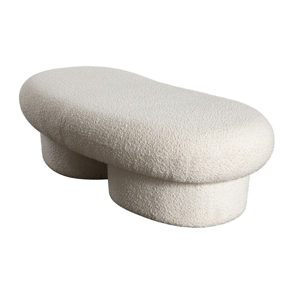 Benjara Curved Accent Bench, Solid Wood Frame, Soft Ivory Boucle Upholstery, 59 Inch