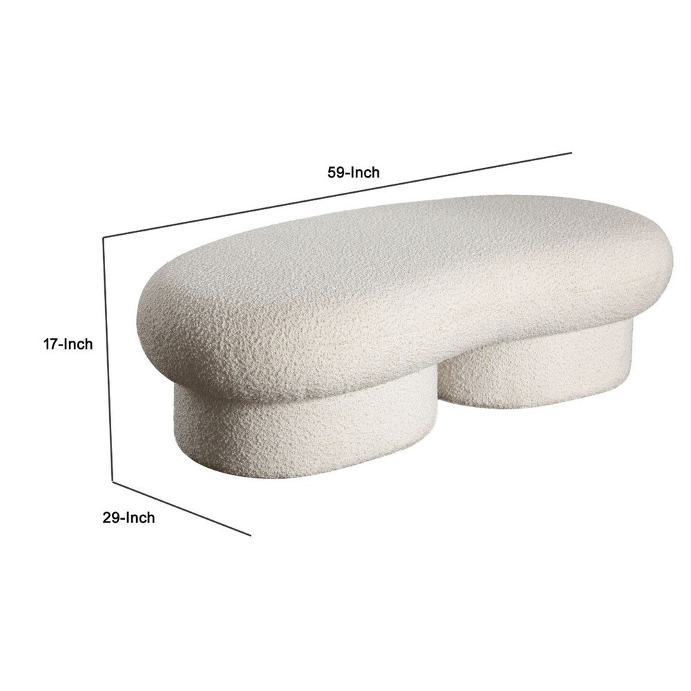 Benjara Curved Accent Bench, Solid Wood Frame, Soft Ivory Boucle Upholstery, 59 Inch