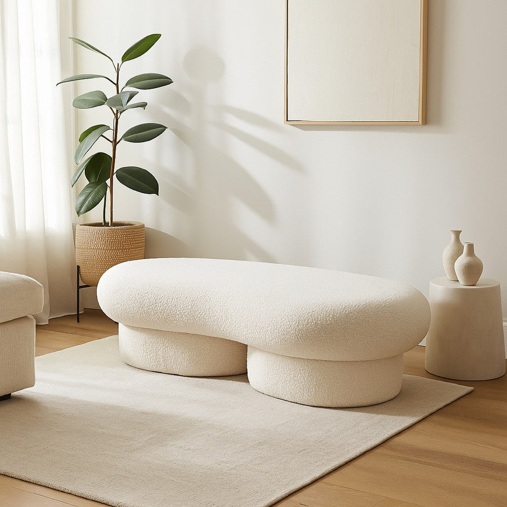 Benjara Curved Accent Bench, Solid Wood Frame, Soft Ivory Boucle Upholstery, 59 Inch