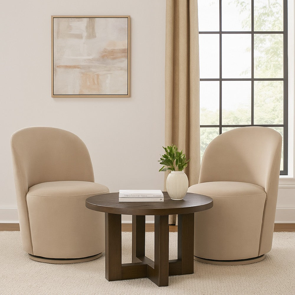 Benjara Accent Swivel Dining Chairs, Set of 2, Camel Brown Velvet, Contoured Back