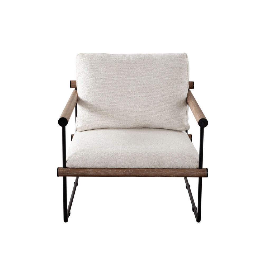 Benjara Accent Armchair, Brown Solid Wood Armrests, 31 Inch, Cream Fabric Seat