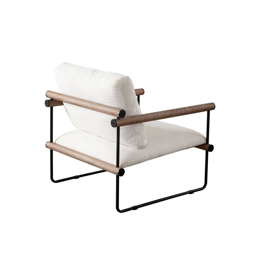 Benjara Accent Armchair, Brown Solid Wood Armrests, 31 Inch, Cream Fabric Seat