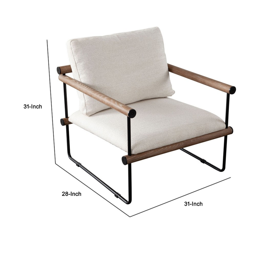 Benjara Accent Armchair, Brown Solid Wood Armrests, 31 Inch, Cream Fabric Seat