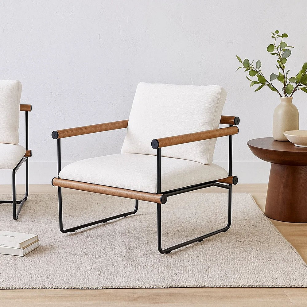 Benjara Accent Armchair, Brown Solid Wood Armrests, 31 Inch, Cream Fabric Seat