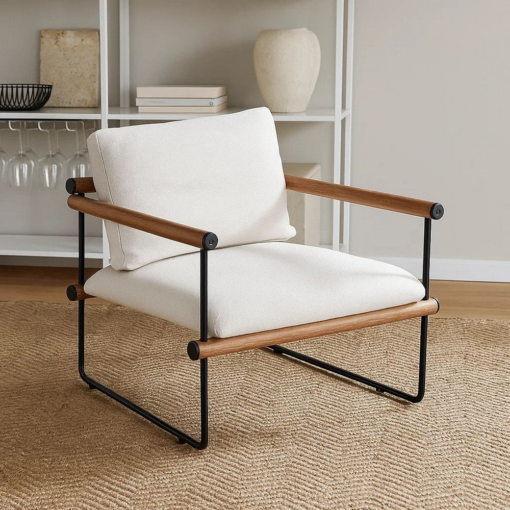 Benjara Accent Armchair, Brown Solid Wood Armrests, 31 Inch, Cream Fabric Seat
