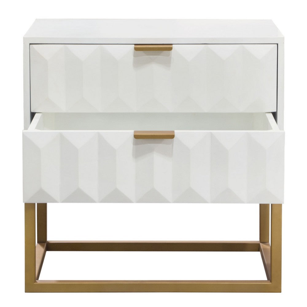 Benjara Fiva Nightstand, 2 Drawers, White Solid Mango Wood, Gold Iron Legs