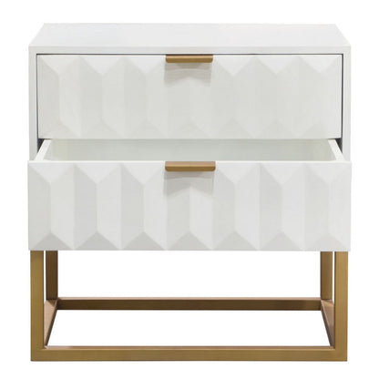 Benjara Fiva Nightstand, 2 Drawers, White Solid Mango Wood, Gold Iron Legs