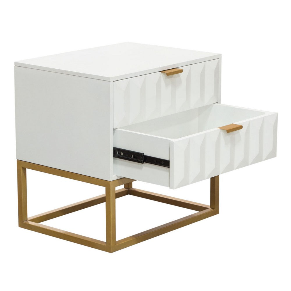 Benjara Fiva Nightstand, 2 Drawers, White Solid Mango Wood, Gold Iron Legs