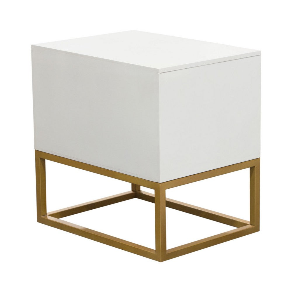 Benjara Fiva Nightstand, 2 Drawers, White Solid Mango Wood, Gold Iron Legs