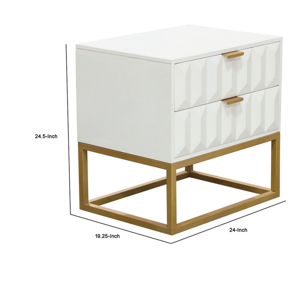 Benjara Fiva Nightstand, 2 Drawers, White Solid Mango Wood, Gold Iron Legs