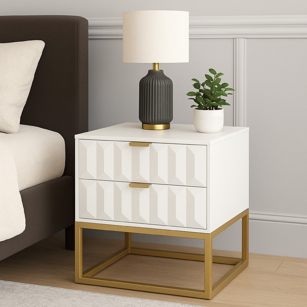 Benjara Fiva Nightstand, 2 Drawers, White Solid Mango Wood, Gold Iron Legs