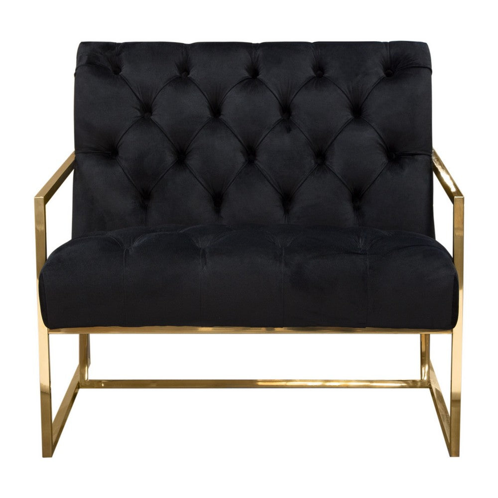 Benjara Masy Accent Armchair, Black Tufted Velvet Angled Seat And Back, Gold Legs