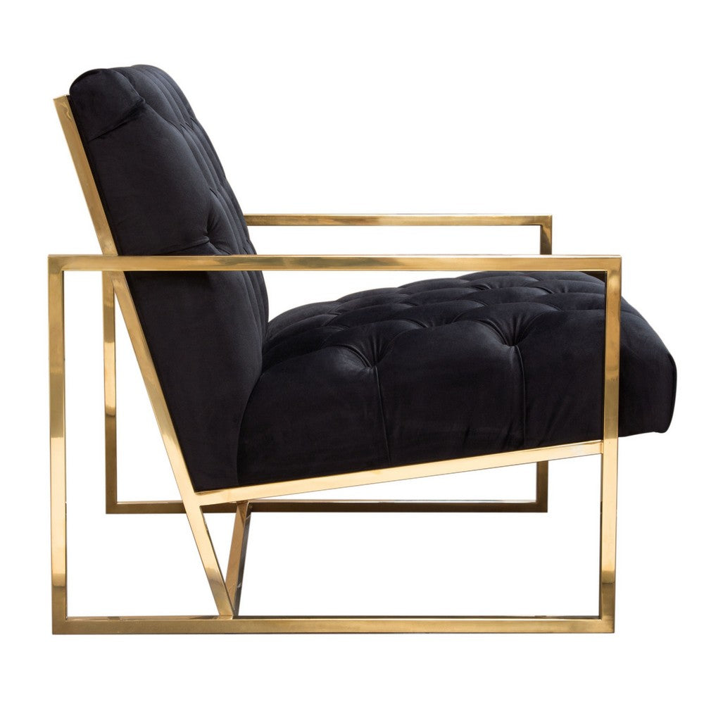 Benjara Masy Accent Armchair, Black Tufted Velvet Angled Seat And Back, Gold Legs