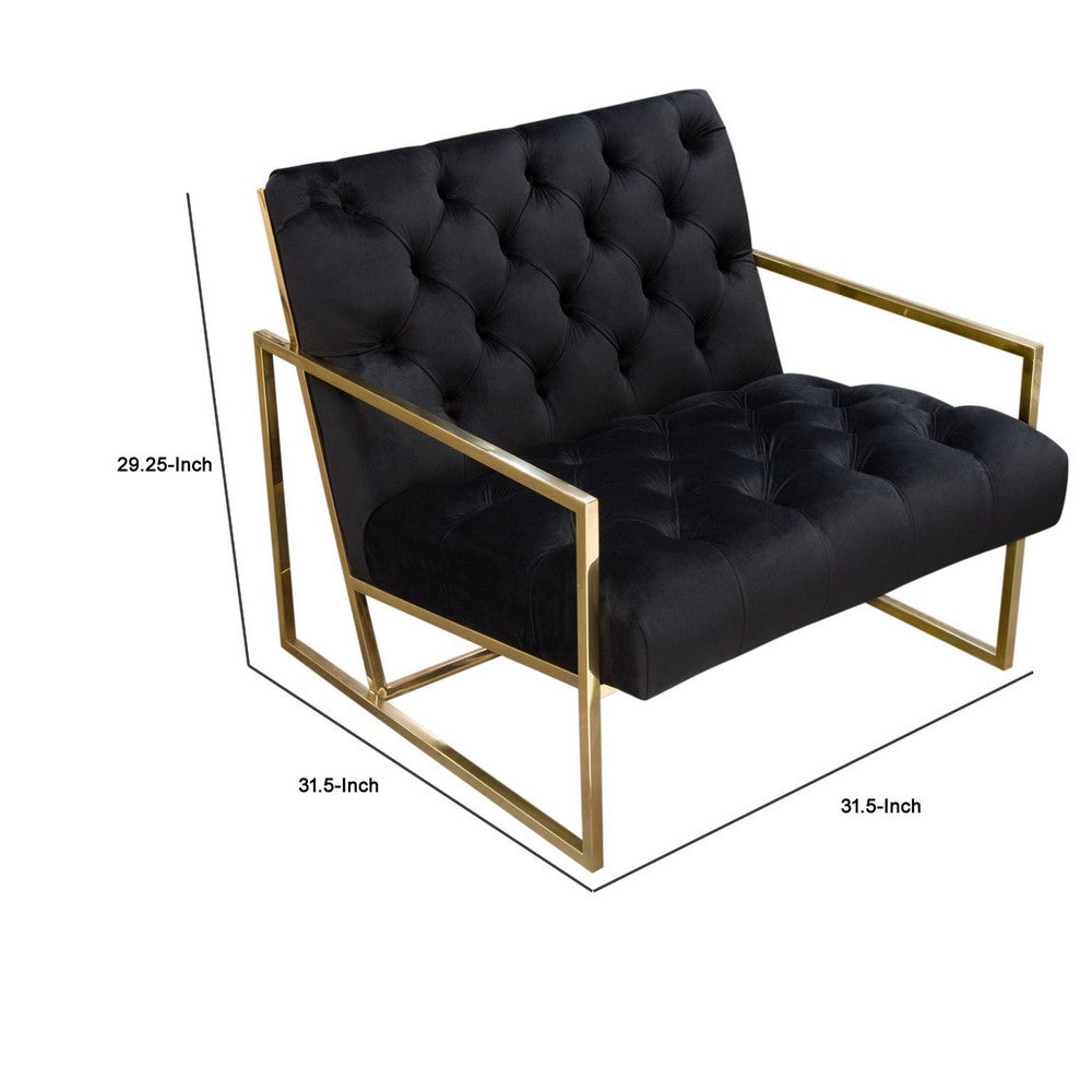 Benjara Masy Accent Armchair, Black Tufted Velvet Angled Seat And Back, Gold Legs