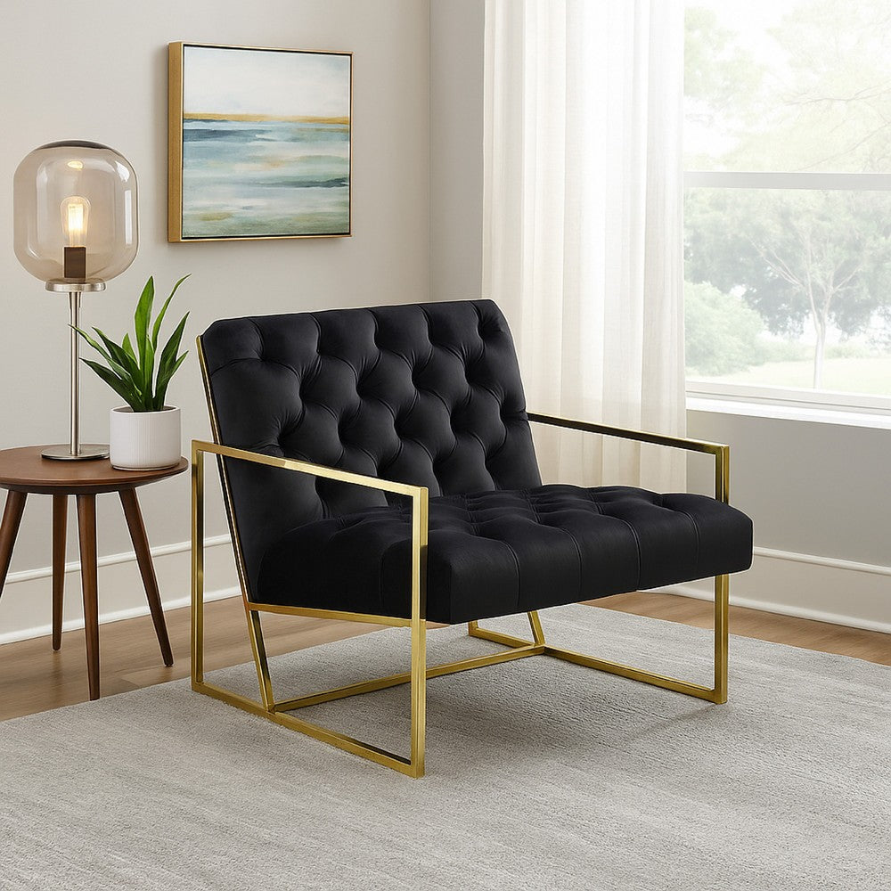 Benjara Masy Accent Armchair, Black Tufted Velvet Angled Seat And Back, Gold Legs