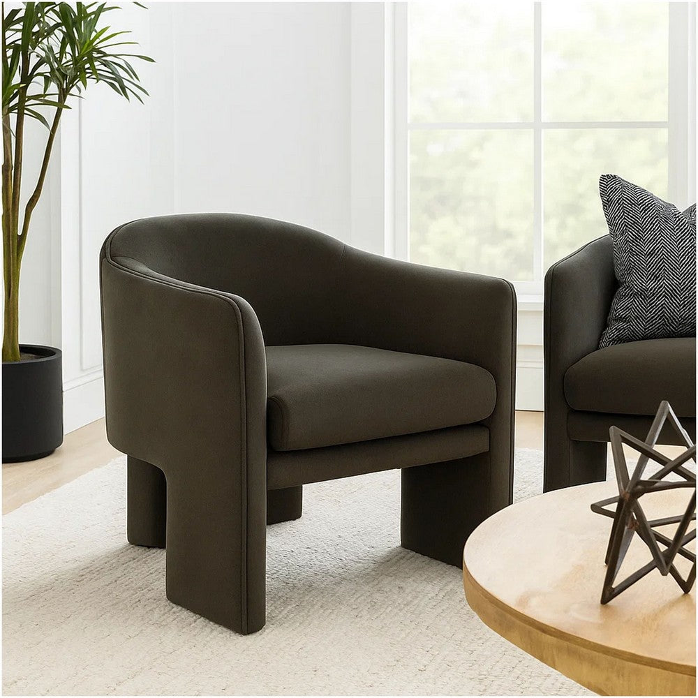 Benjara Lery Accent Chair, Green Winter Moss Performance Velvet, Curved Design