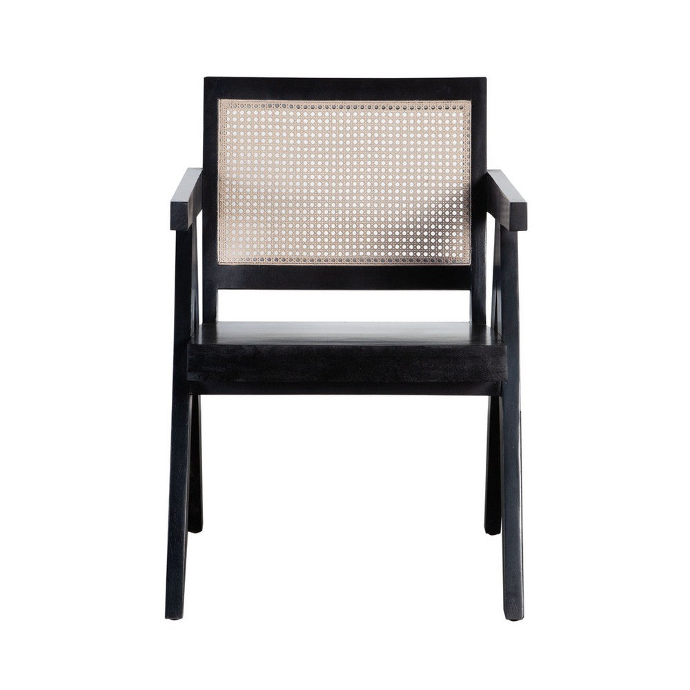 Benjara Kato Dining Armchair, Cane Backrest, 24 Inch, Black Solid Mango Wood