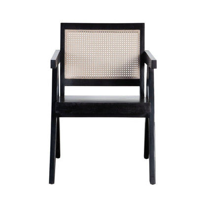 Benjara Kato Dining Armchair, Cane Backrest, 24 Inch, Black Solid Mango Wood