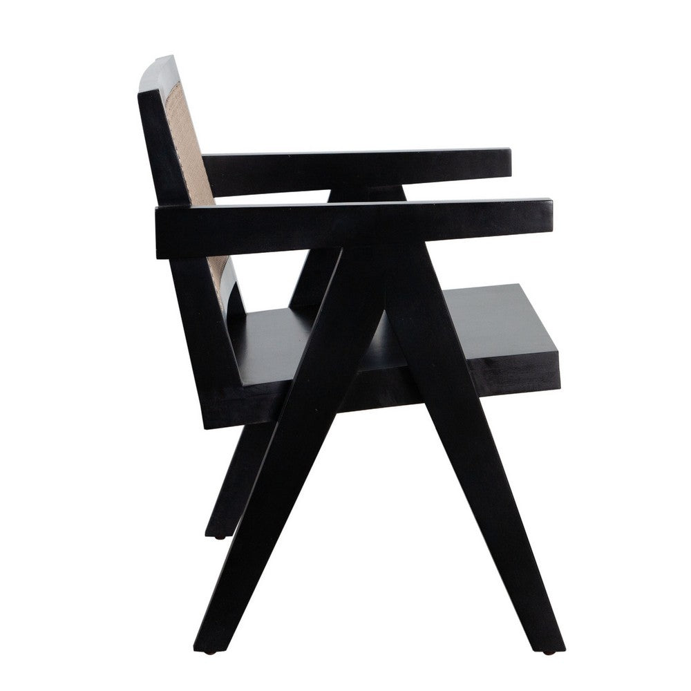 Benjara Kato Dining Armchair, Cane Backrest, 24 Inch, Black Solid Mango Wood