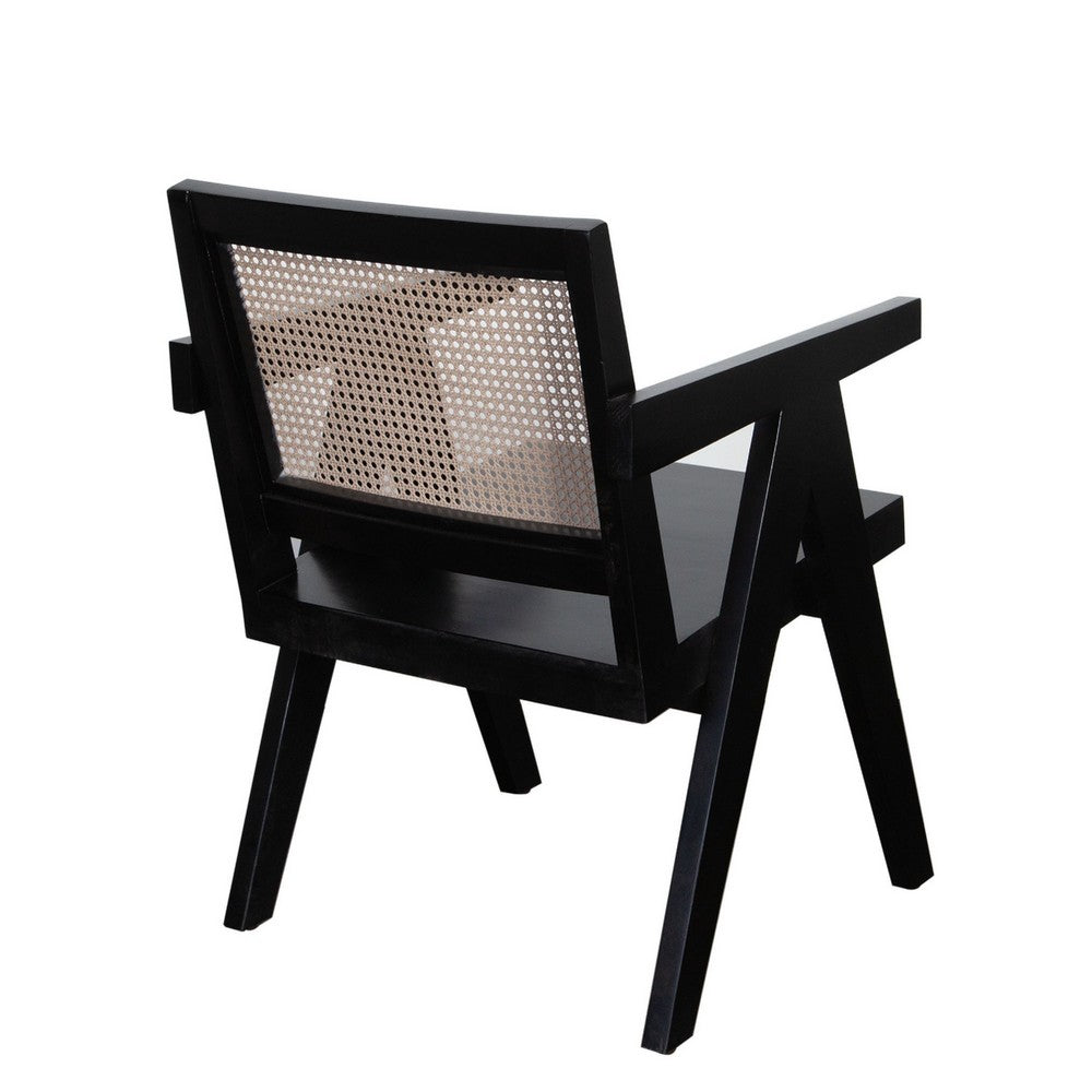 Benjara Kato Dining Armchair, Cane Backrest, 24 Inch, Black Solid Mango Wood