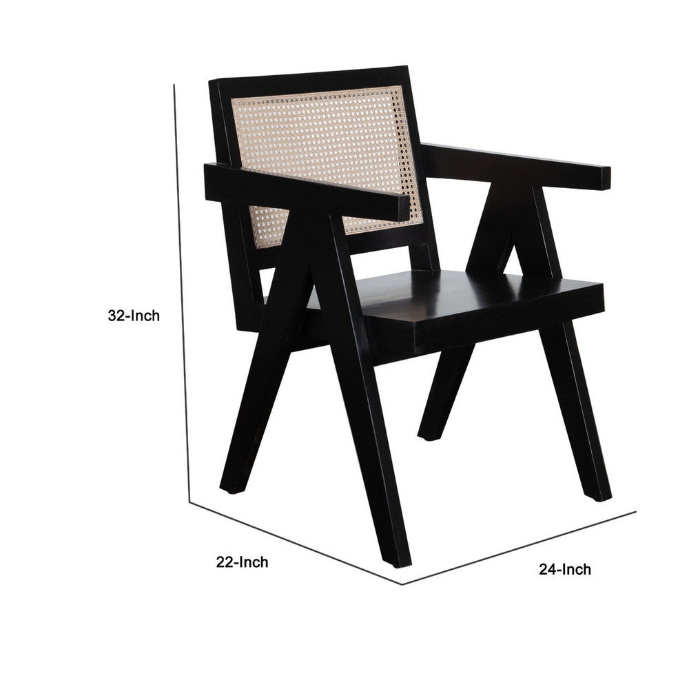 Benjara Kato Dining Armchair, Cane Backrest, 24 Inch, Black Solid Mango Wood