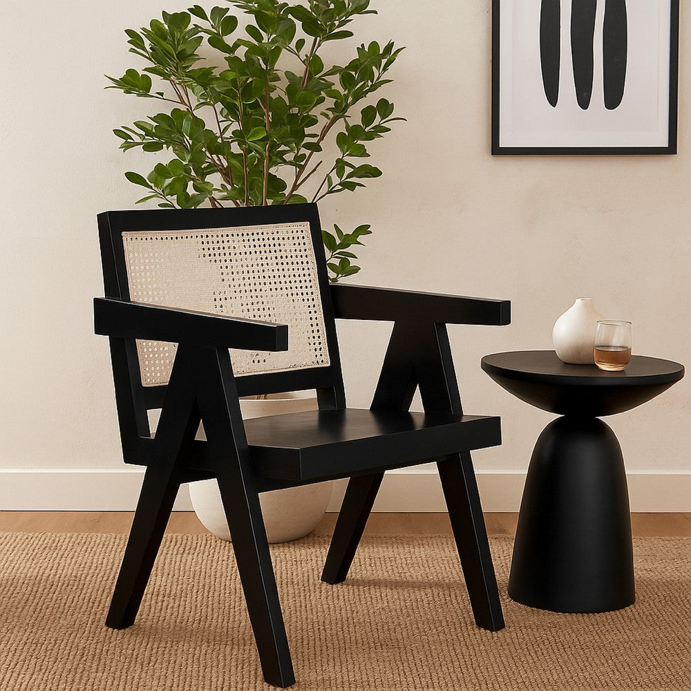 Benjara Kato Dining Armchair, Cane Backrest, 24 Inch, Black Solid Mango Wood