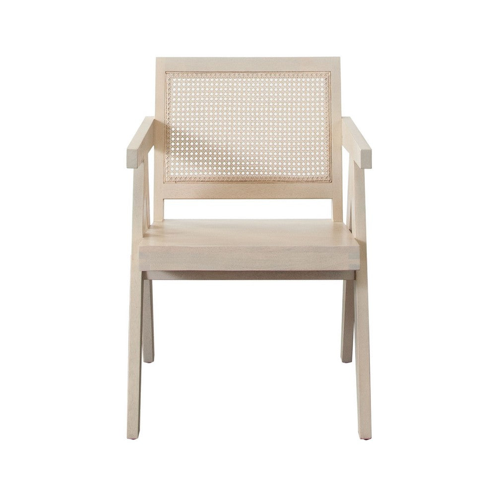 Benjara Kato Dining Armchair, Cane Backrest, 24 Inch, Natural Brown Solid Mango Wood
