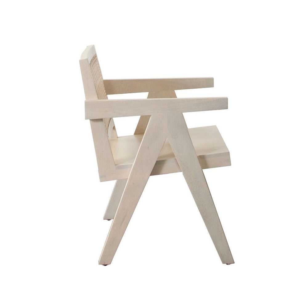 Benjara Kato Dining Armchair, Cane Backrest, 24 Inch, Natural Brown Solid Mango Wood