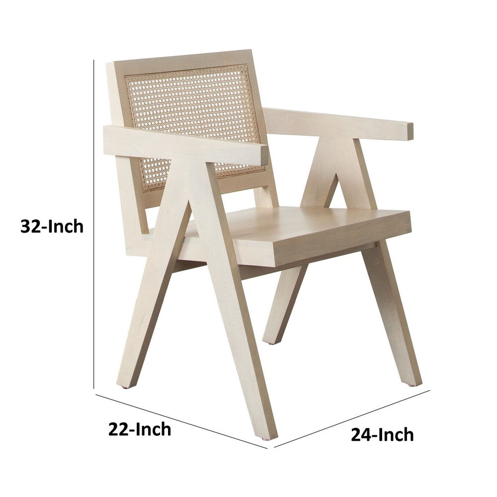 Benjara Kato Dining Armchair, Cane Backrest, 24 Inch, Natural Brown Solid Mango Wood