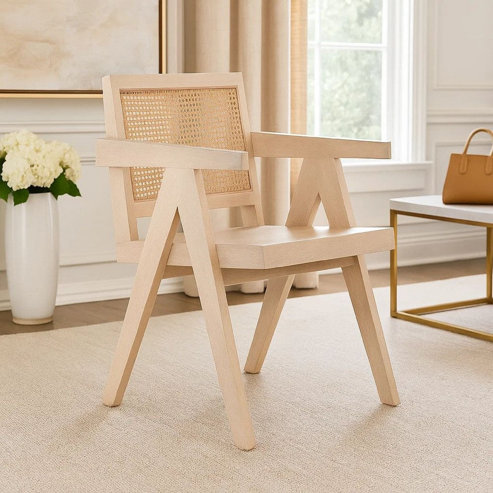 Benjara Kato Dining Armchair, Cane Backrest, 24 Inch, Natural Brown Solid Mango Wood