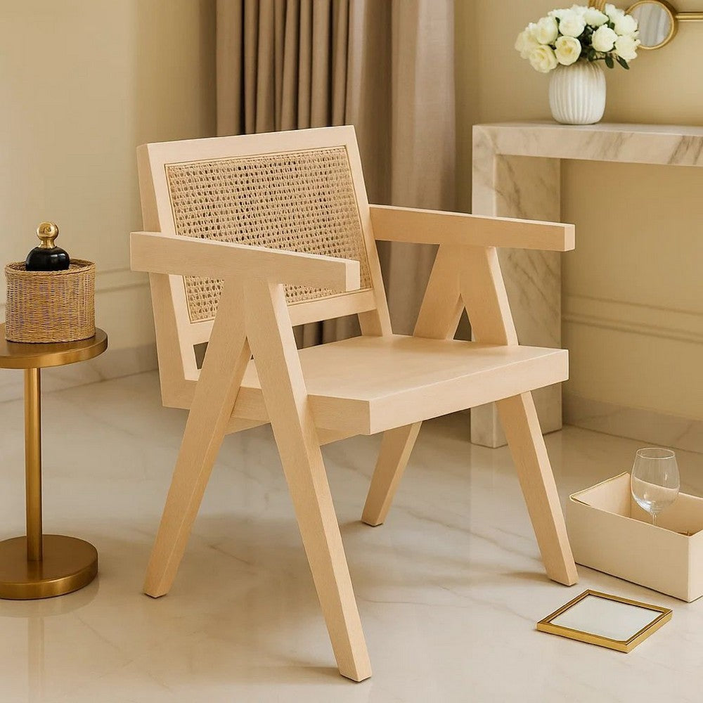Benjara Kato Dining Armchair, Cane Backrest, 24 Inch, Natural Brown Solid Mango Wood