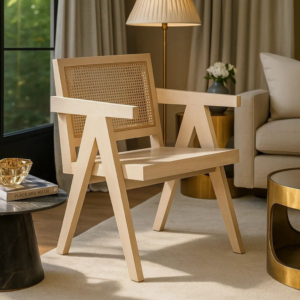Benjara Kato Dining Armchair, Cane Backrest, 24 Inch, Natural Brown Solid Mango Wood