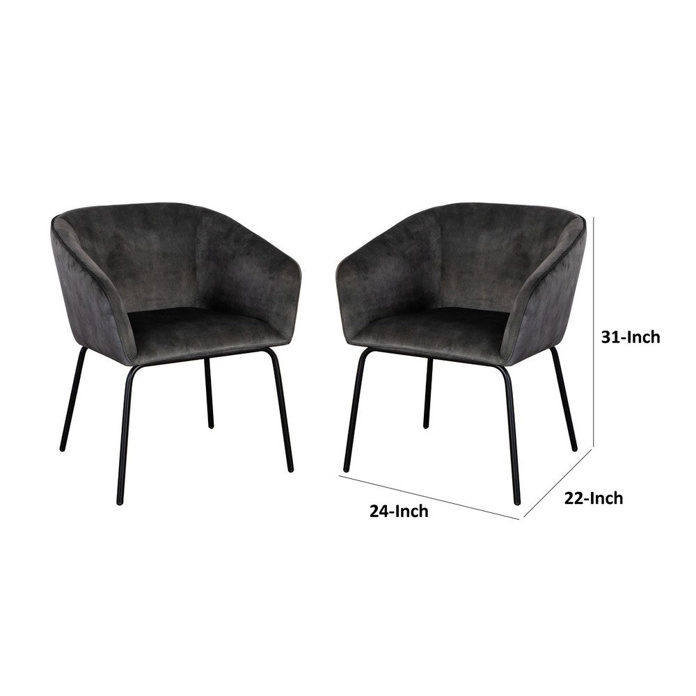 Benjara Voro Dining Chair Set of 2, Gray Velvet, Sleek Black Metal Legs