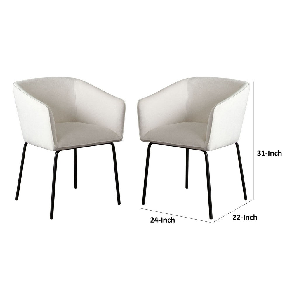 Benjara Voro Dining Chair Set of 2, Mist White Fabric, Sleek Black Metal Legs
