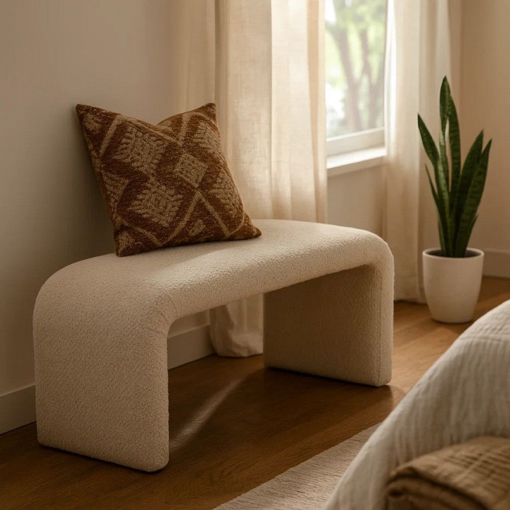 Benjara Accent Bench, C Shaped Design Ivory Boucle Upholstery, 44 Inch
